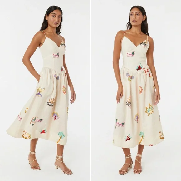 RHODE Sophie Linen Midi Dress Musical Print NWT Size 12 - Picture 2 of 16